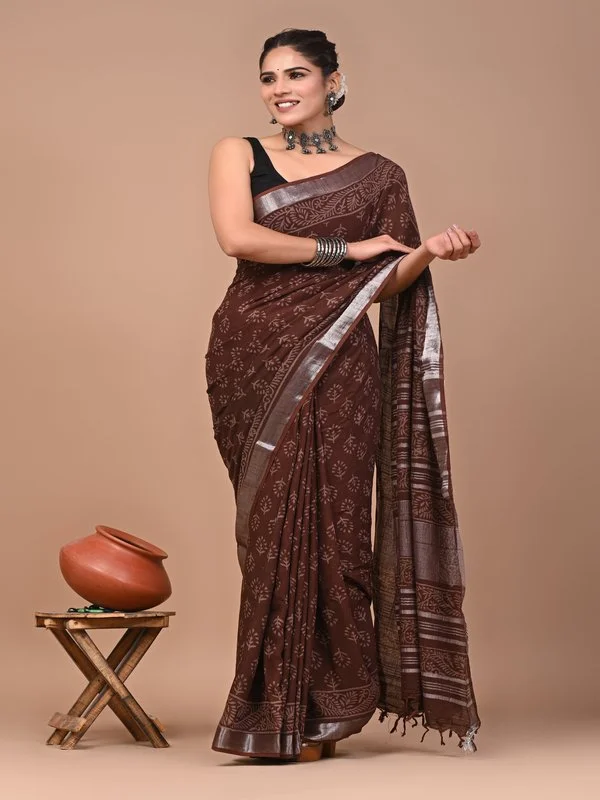 Block Printed Cotton Linen Saree With Unstiched Blouse