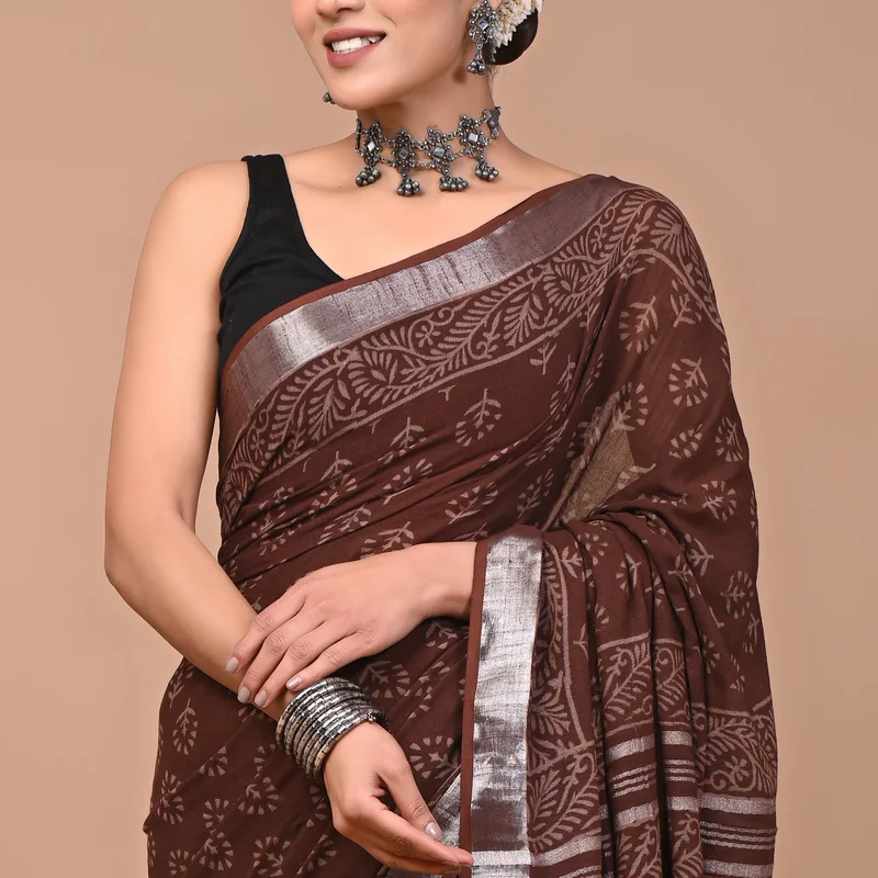 Block Printed Cotton Linen Saree With Unstiched Blouse