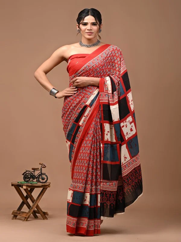 Printed Pure Cotton Mulmul Saree With Blouse