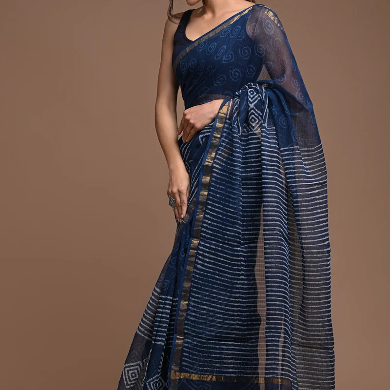 Astral Blue Pure Hand Block Printed Kota Doria Saree