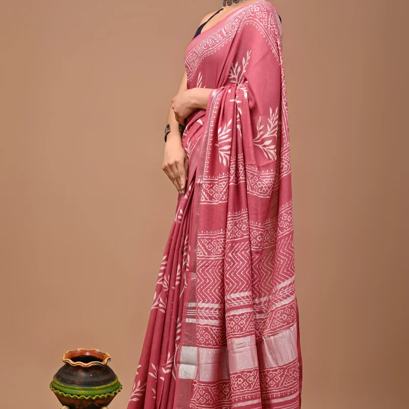 Block Printed Cotton Linen Saree With Unstiched Blouse