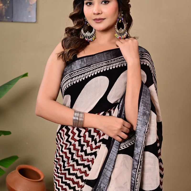 Block Printed Cotton Linen Saree With Unstiched Blouse