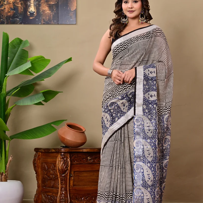 Block Printed Cotton Linen Saree With Unstiched Blouse