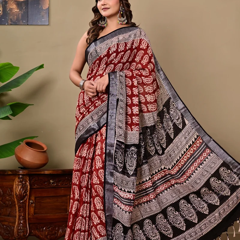 Block Printed Cotton Linen Saree With Unstiched Blouse