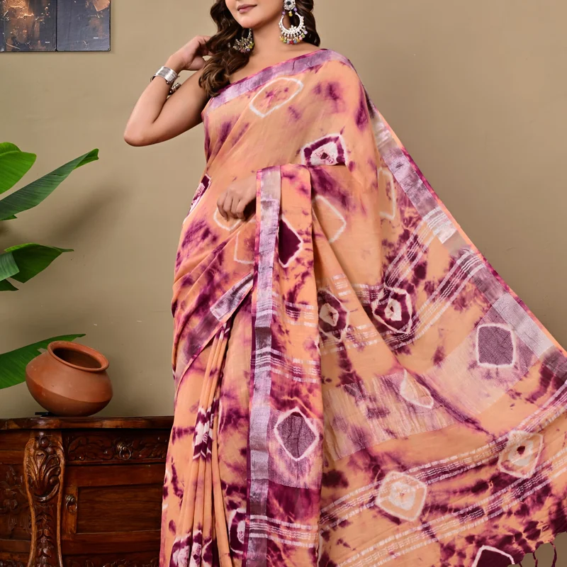 Block Printed Cotton Linen Saree With Unstiched Blouse