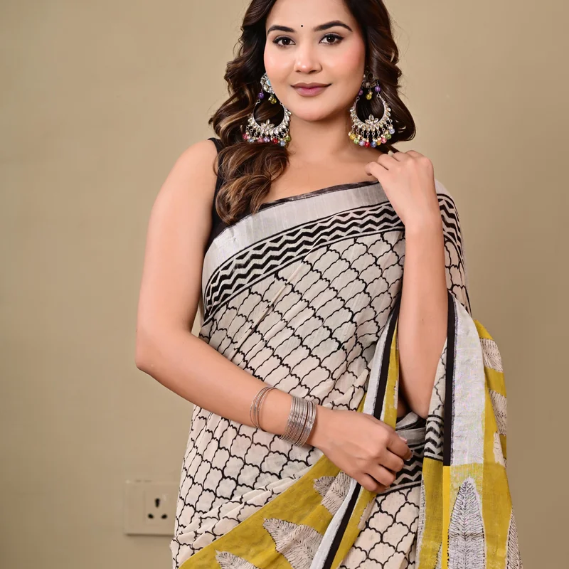 Block Printed Cotton Linen Saree With Unstiched Blouse