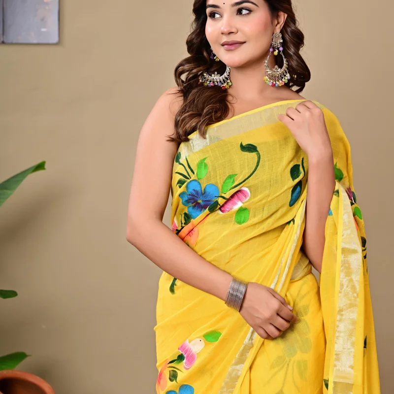 Block Printed Cotton Linen Saree With Unstiched Blouse
