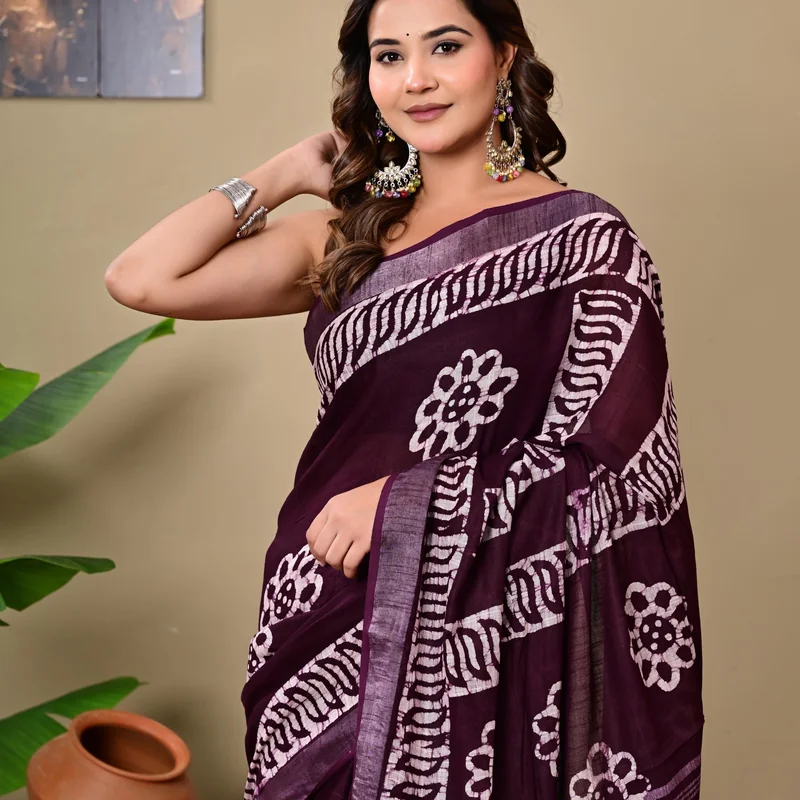 Block Printed Cotton Linen Saree With Unstiched Blouse