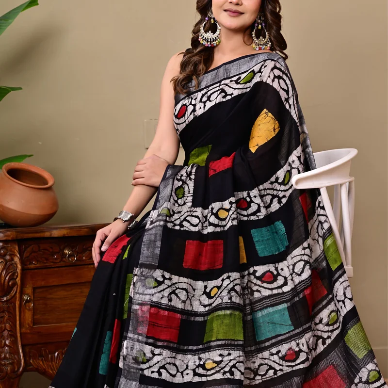 Block Printed Cotton Linen Saree With Unstiched Blouse