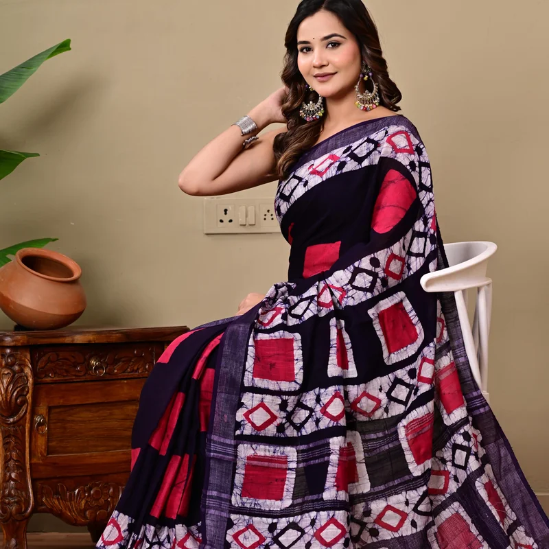 Block Printed Cotton Linen Saree With Unstiched Blouse