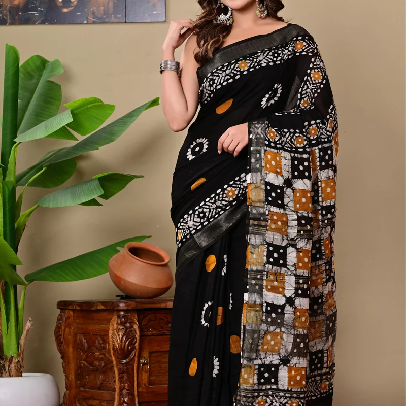 Block Printed Cotton Linen Saree With Unstiched Blouse