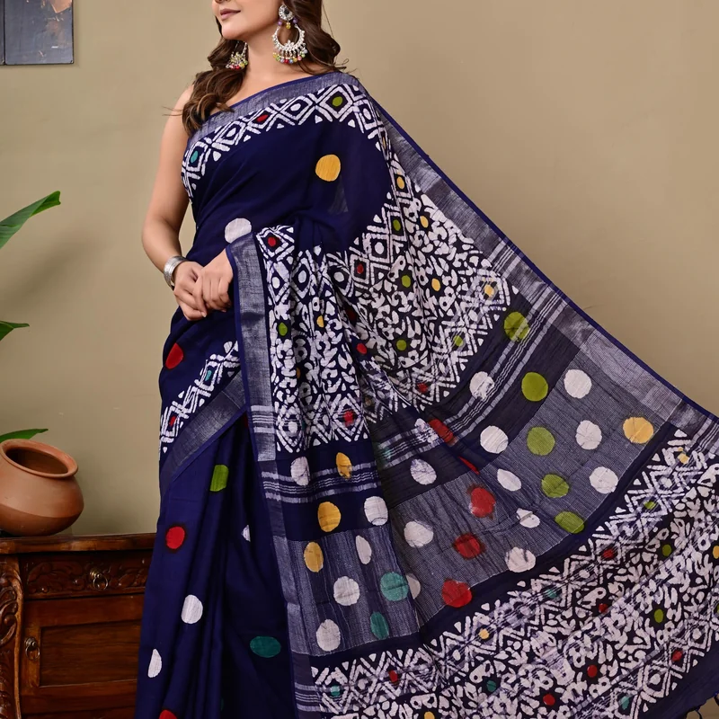 Block Printed Cotton Linen Saree With Unstiched Blouse