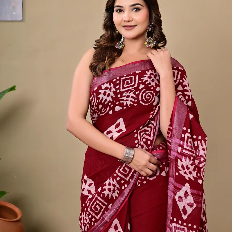 Block Printed Cotton Linen Saree With Unstiched Blouse