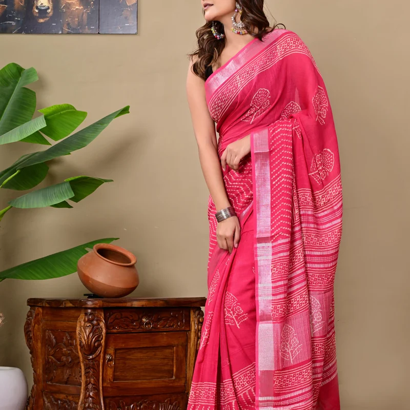 Block Printed Cotton Linen Saree With Unstiched Blouse