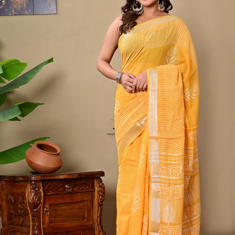 Block Printed Cotton Linen Saree With Unstiched Blouse