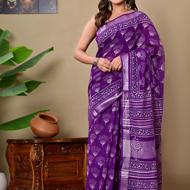 Block Printed Cotton Linen Saree With Unstiched Blouse