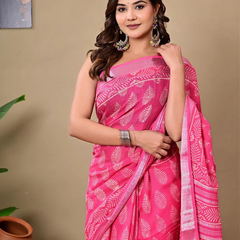 Block Printed Cotton Linen Saree With Unstiched Blouse