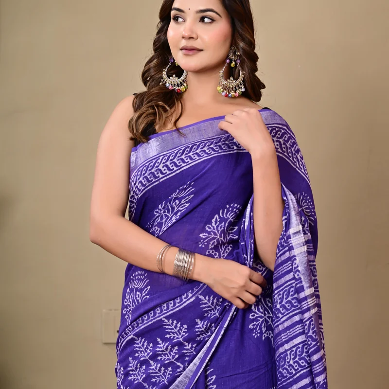 Block Printed Cotton Linen Saree With Unstiched Blouse
