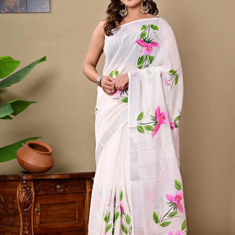 Block Printed Cotton Linen Saree With Unstiched Blouse
