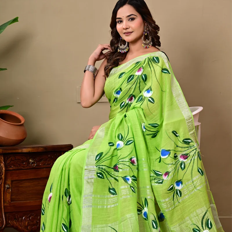 Block Printed Cotton Linen Saree With Unstiched Blouse