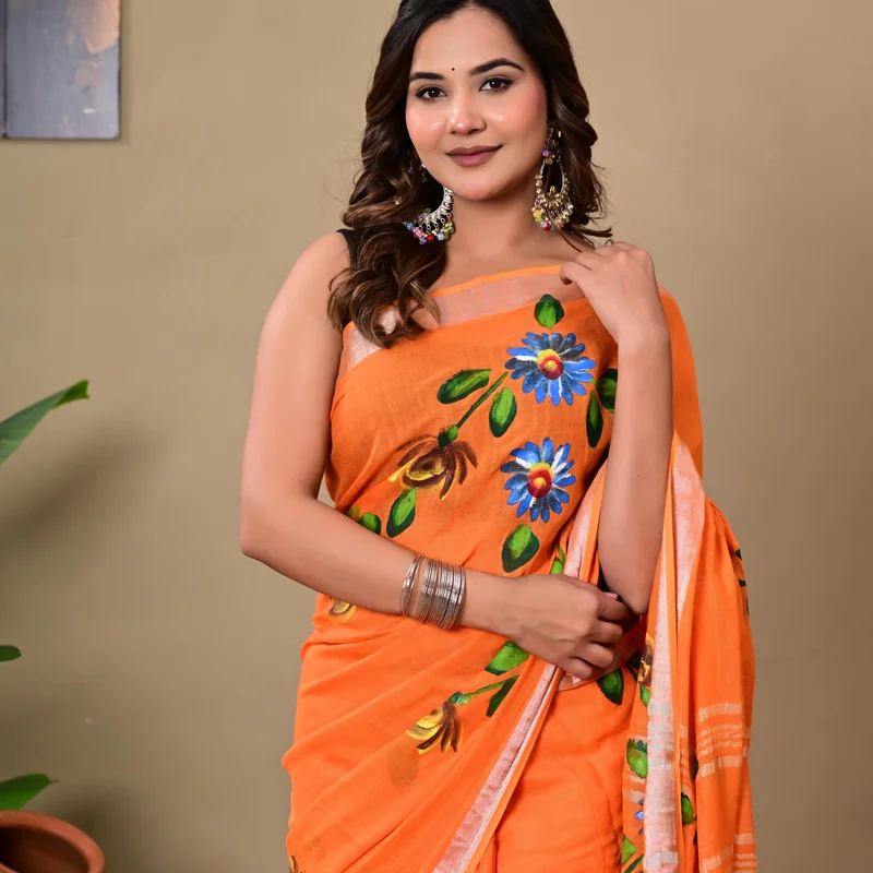 Block Printed Cotton Linen Saree With Unstiched Blouse
