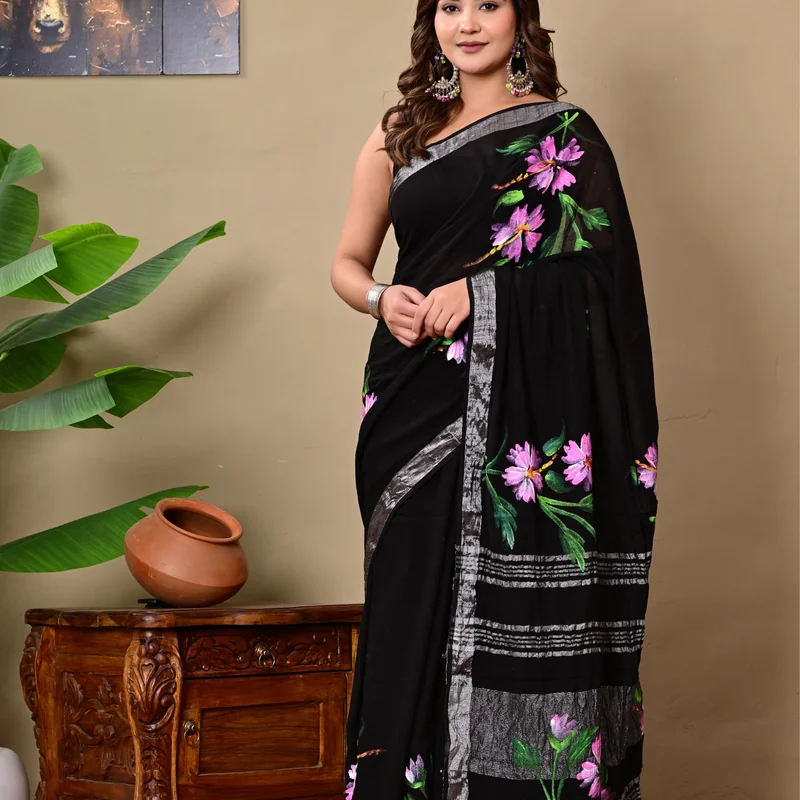 Block Printed Cotton Linen Saree With Unstiched Blouse