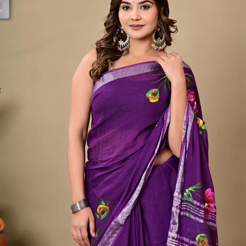 Block Printed Cotton Linen Saree With Unstiched Blouse