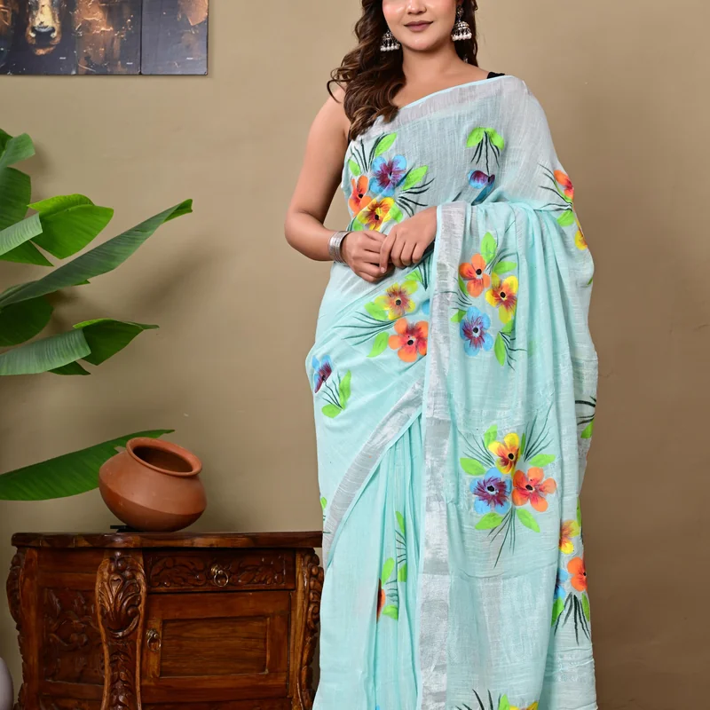 Block Printed Cotton Linen Saree With Unstiched Blouse