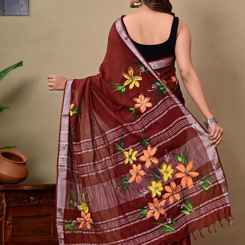 Block Printed Cotton Linen Saree With Unstiched Blouse