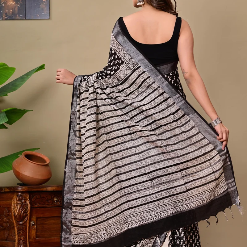 Block Printed Cotton Linen Saree With Unstiched Blouse