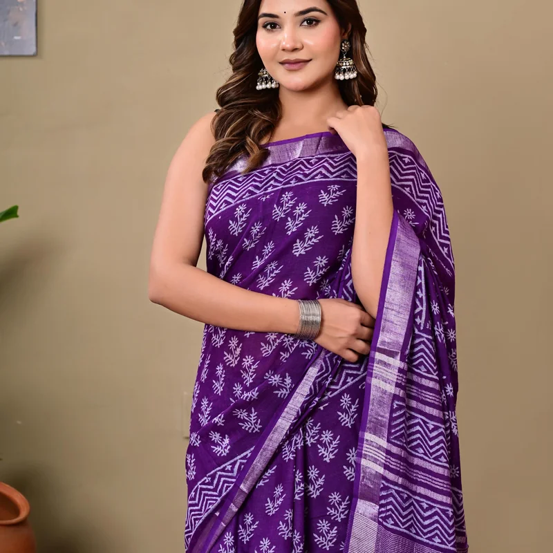 Block Printed Cotton Linen Saree With Unstiched Blouse