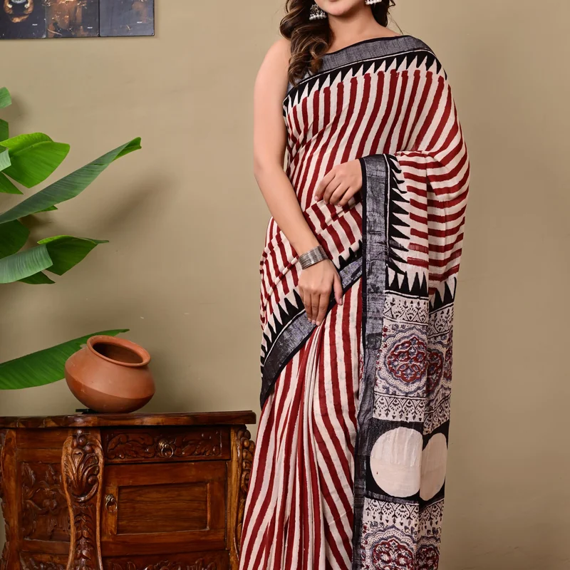 Block Printed Cotton Linen Saree With Unstiched Blouse