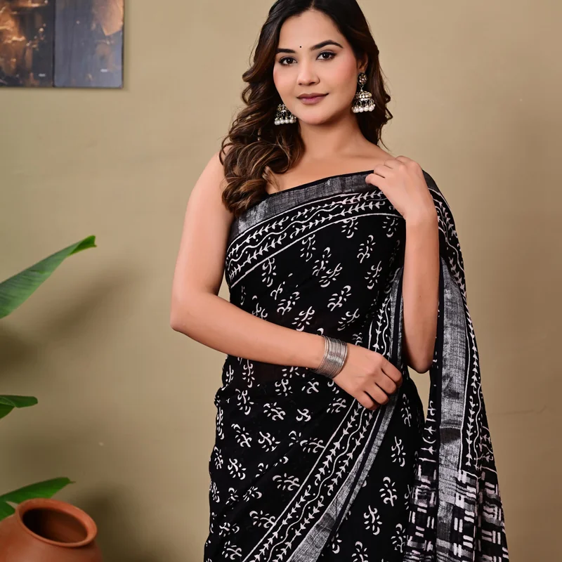 Block Printed Cotton Linen Saree With Unstiched Blouse
