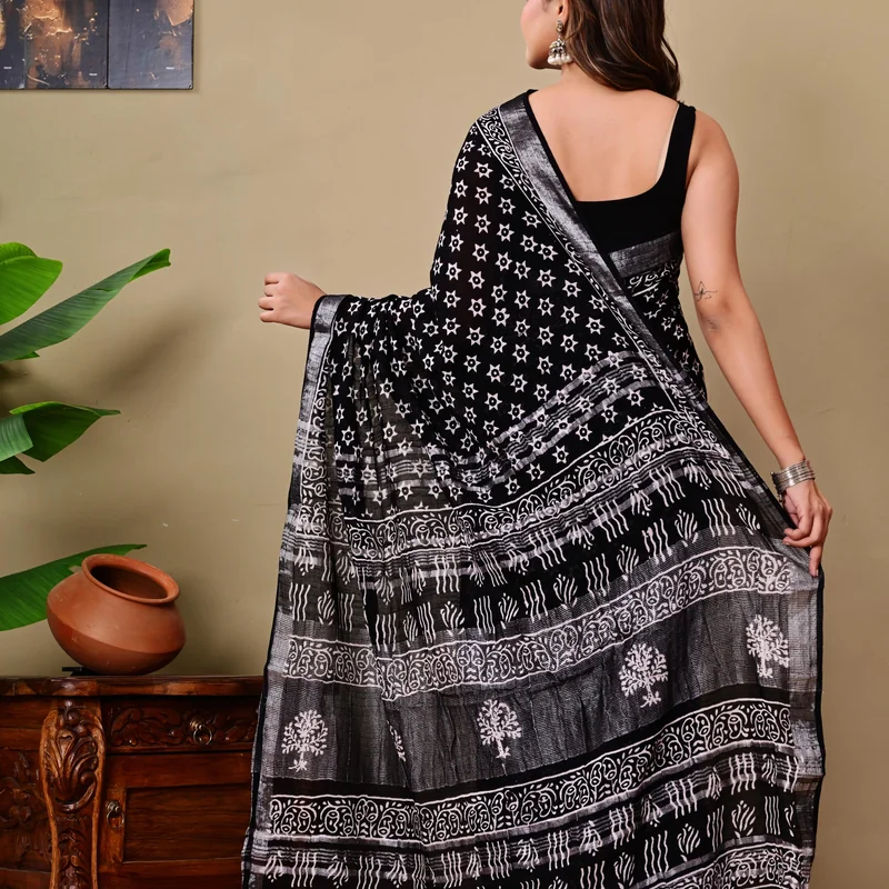 Block Printed Cotton Linen Saree With Unstiched Blouse