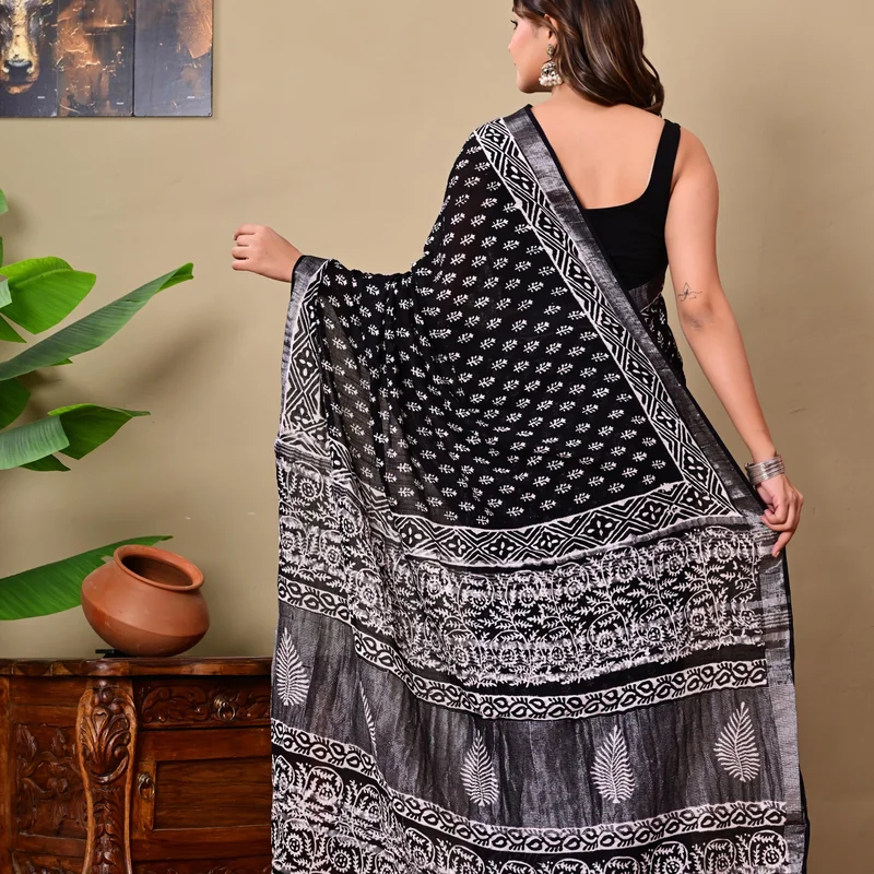Block Printed Cotton Linen Saree With Unstiched Blouse
