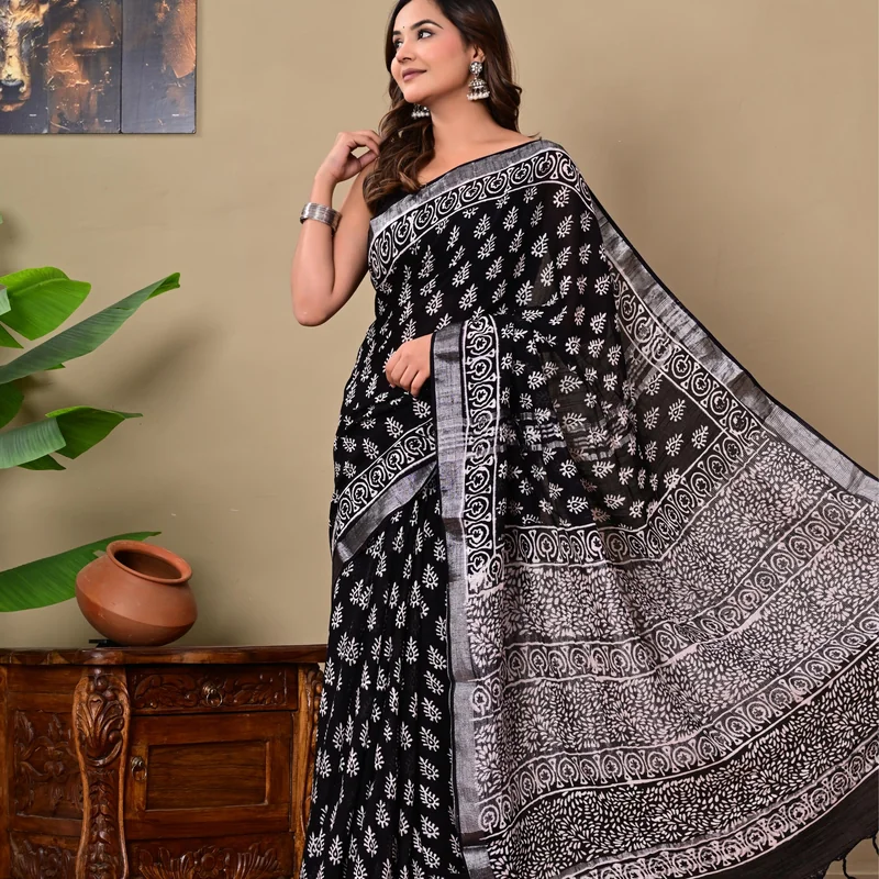 Block Printed Cotton Linen Saree With Unstiched Blouse