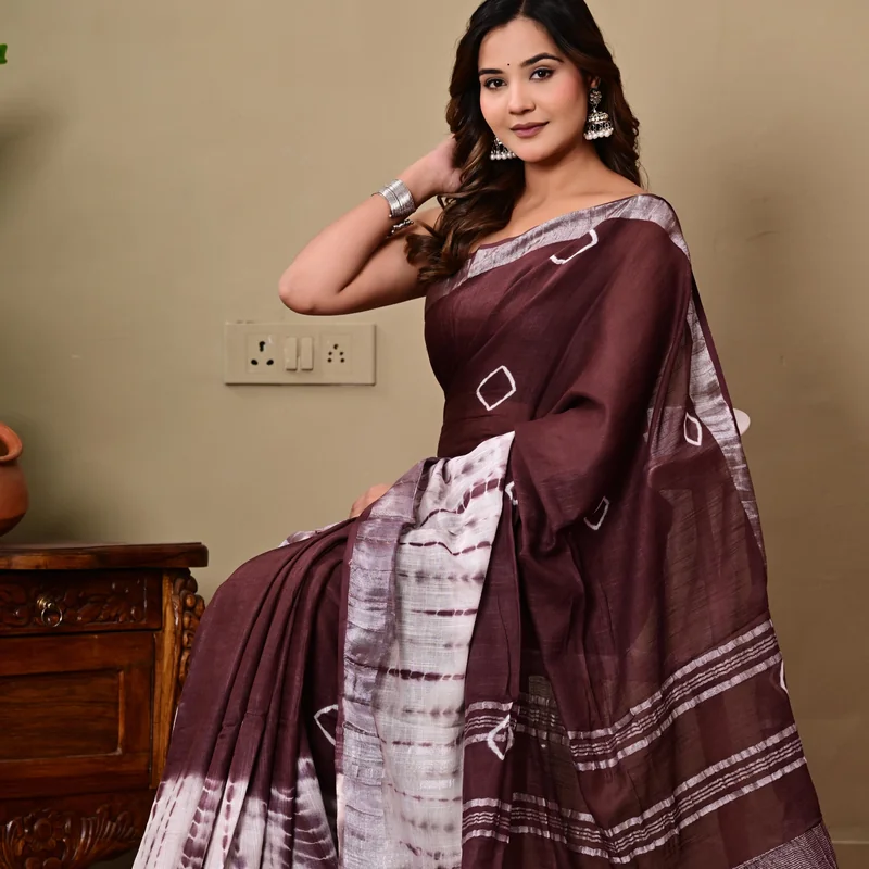 Block Printed Cotton Linen Saree With Unstiched Blouse