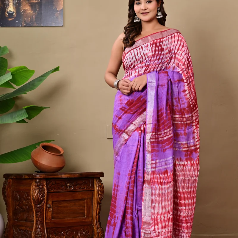 Block Printed Cotton Linen Saree With Unstiched Blouse