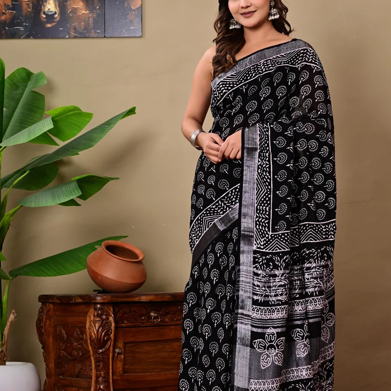 Block Printed Cotton Linen Saree With Unstiched Blouse