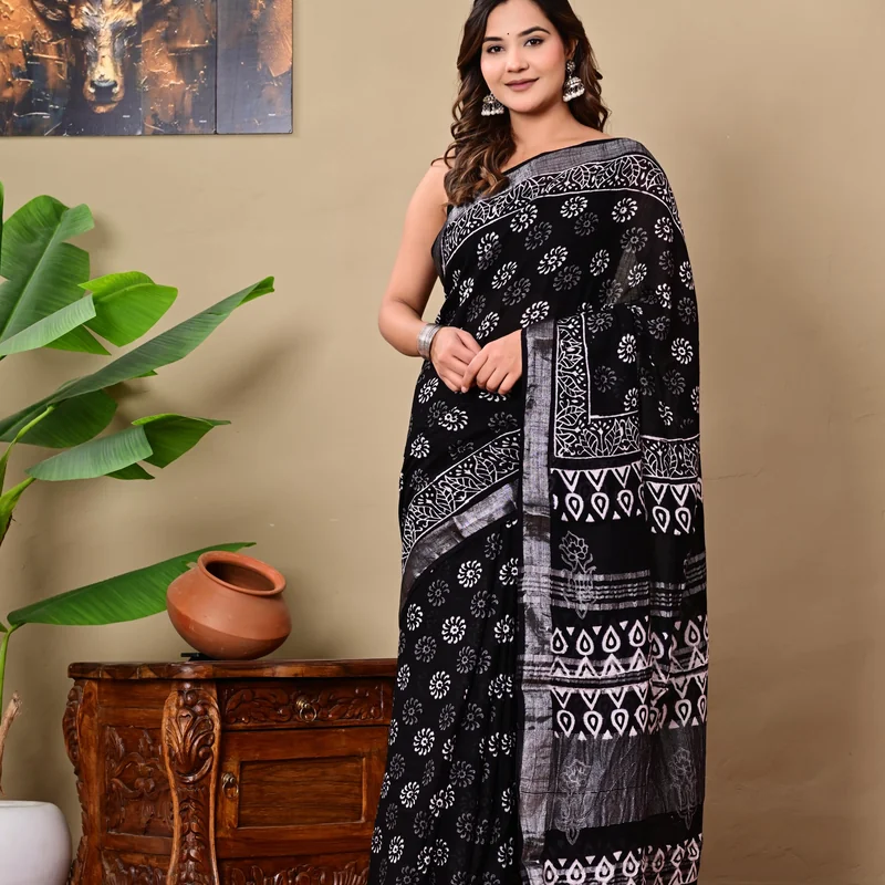 Block Printed Cotton Linen Saree With Unstiched Blouse