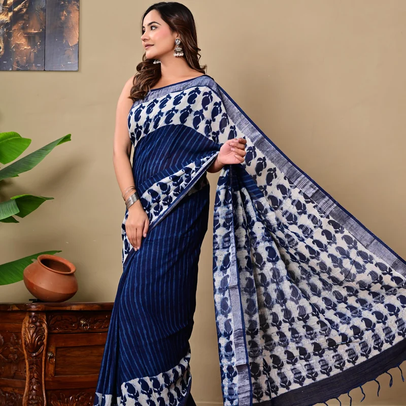 Block Printed Cotton Linen Saree With Unstiched Blouse