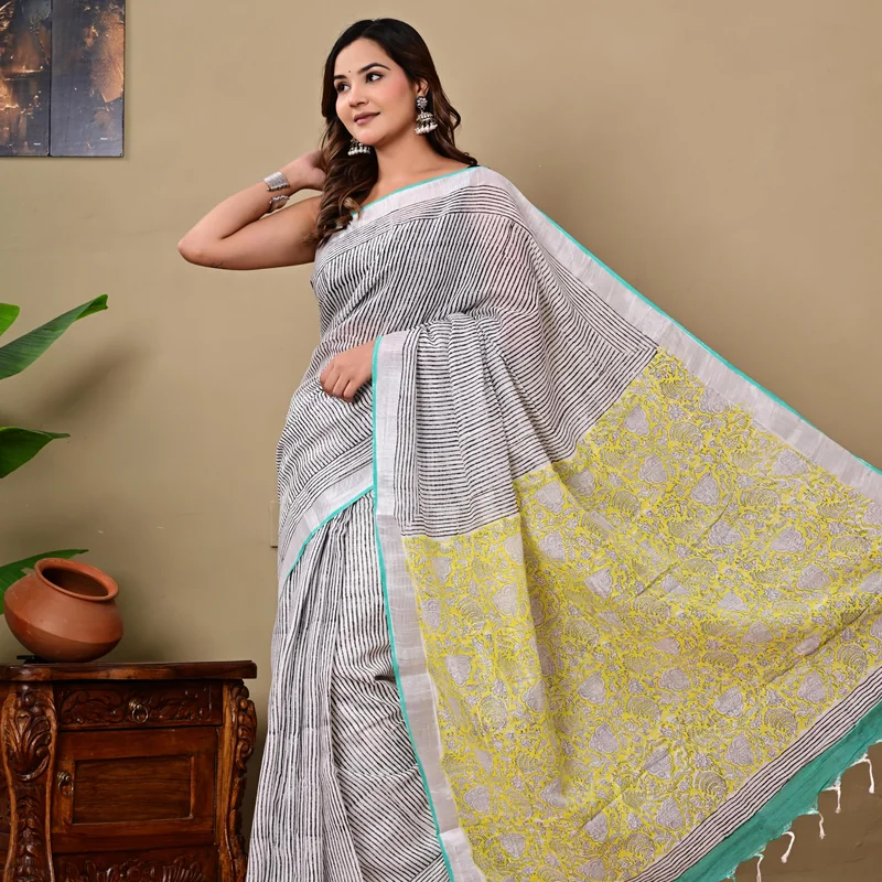 Block Printed Cotton Linen Saree With Unstiched Blouse