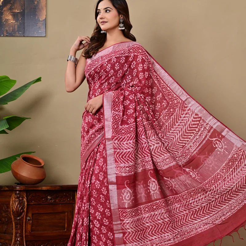 Block Printed Cotton Linen Saree With Unstiched Blouse