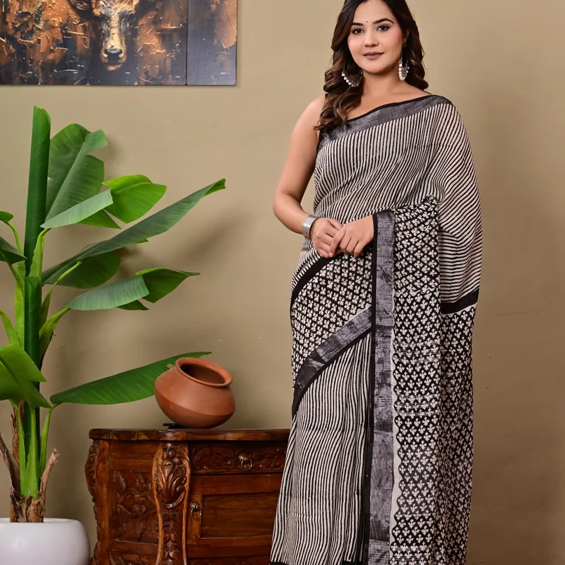 Block Printed Cotton Linen Saree With Unstiched Blouse