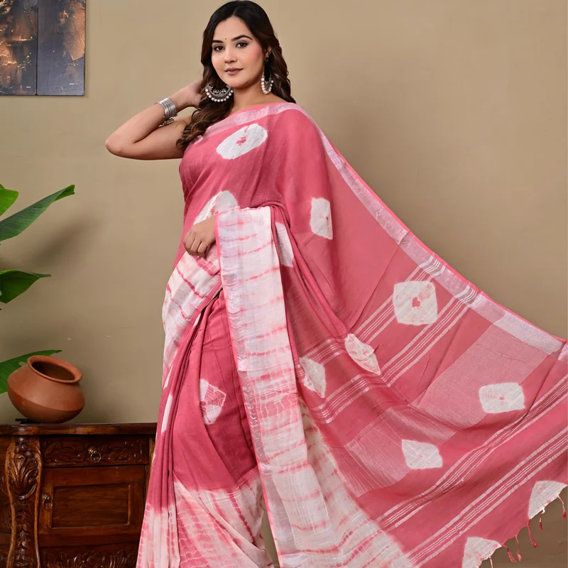 Block Printed Cotton Linen Saree With Unstiched Blouse