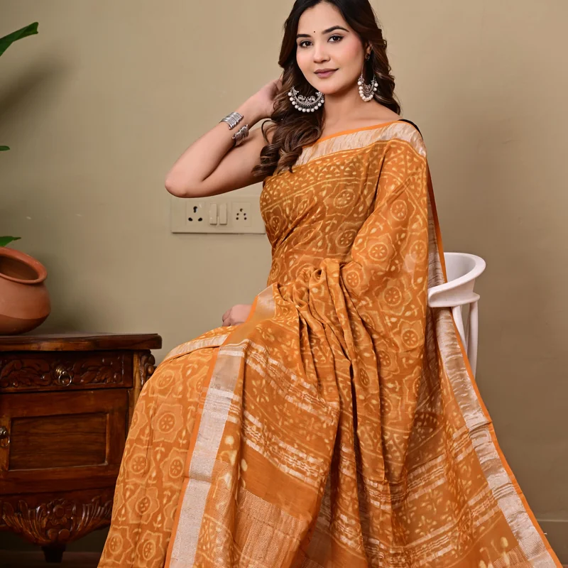 Block Printed Cotton Linen Saree With Unstiched Blouse