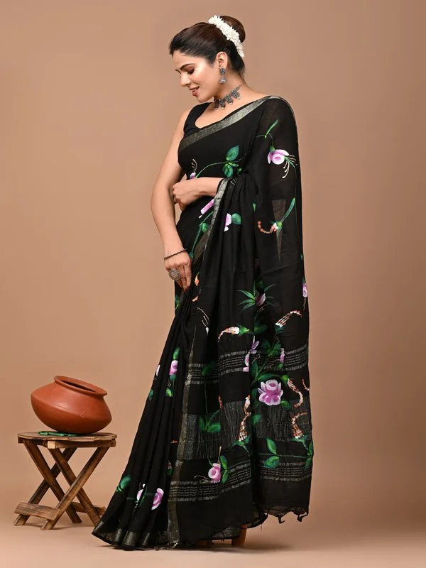 Block Printed Cotton Linen Saree With Unstiched Blouse