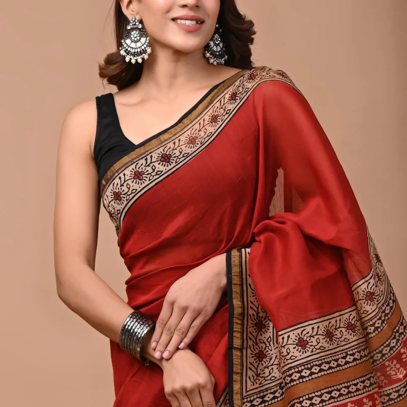Artisanal Block Printed Jaipuri Chanderi Silk Saree With Blouse