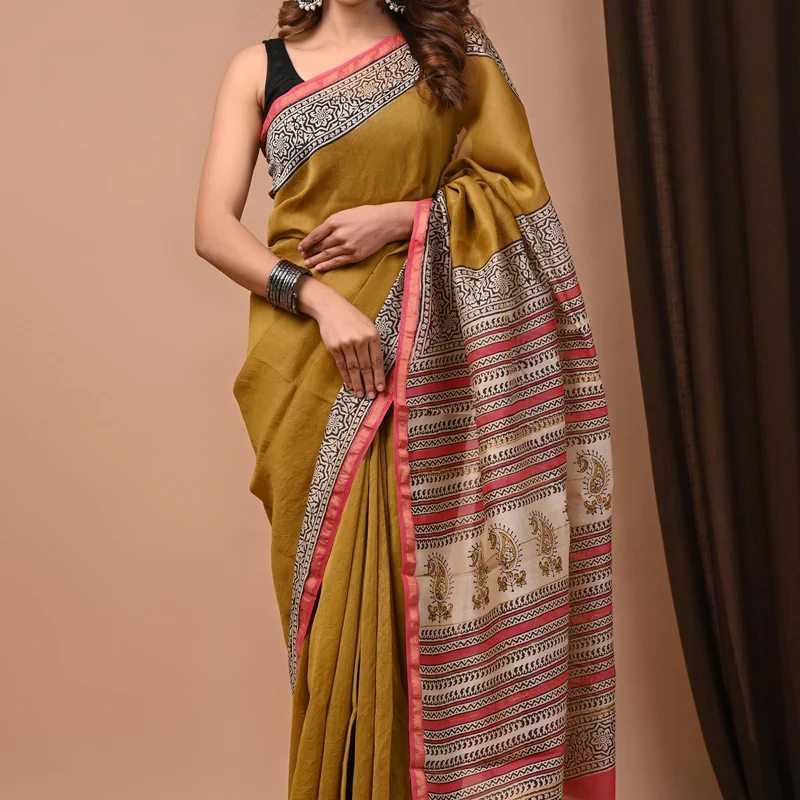 Jaipuri Chanderi Silk Saree -Bagru Print