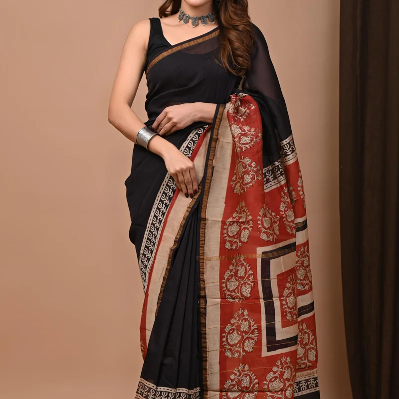 Block Printed Jaipuri Chanderi Silk Saree With Blouse
